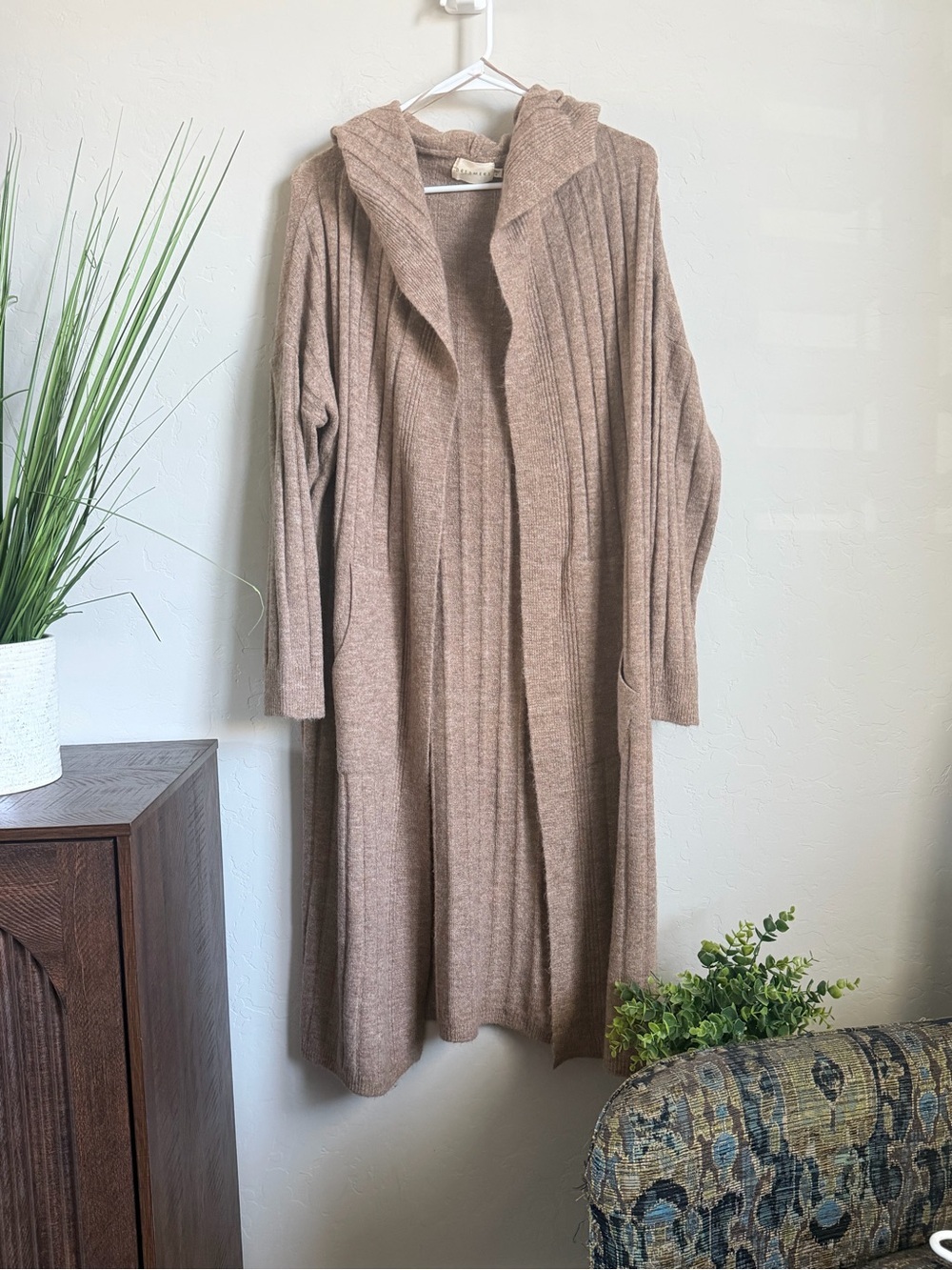 Dreamers Hooded Ribbed Duster Cardigan Taupe Open Front Long Sweater Small